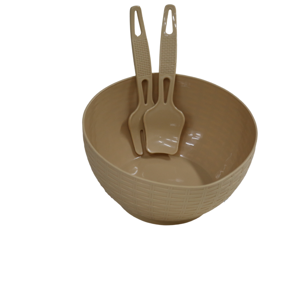 Salad Rattan Bowl With Fork & Spoon Beige