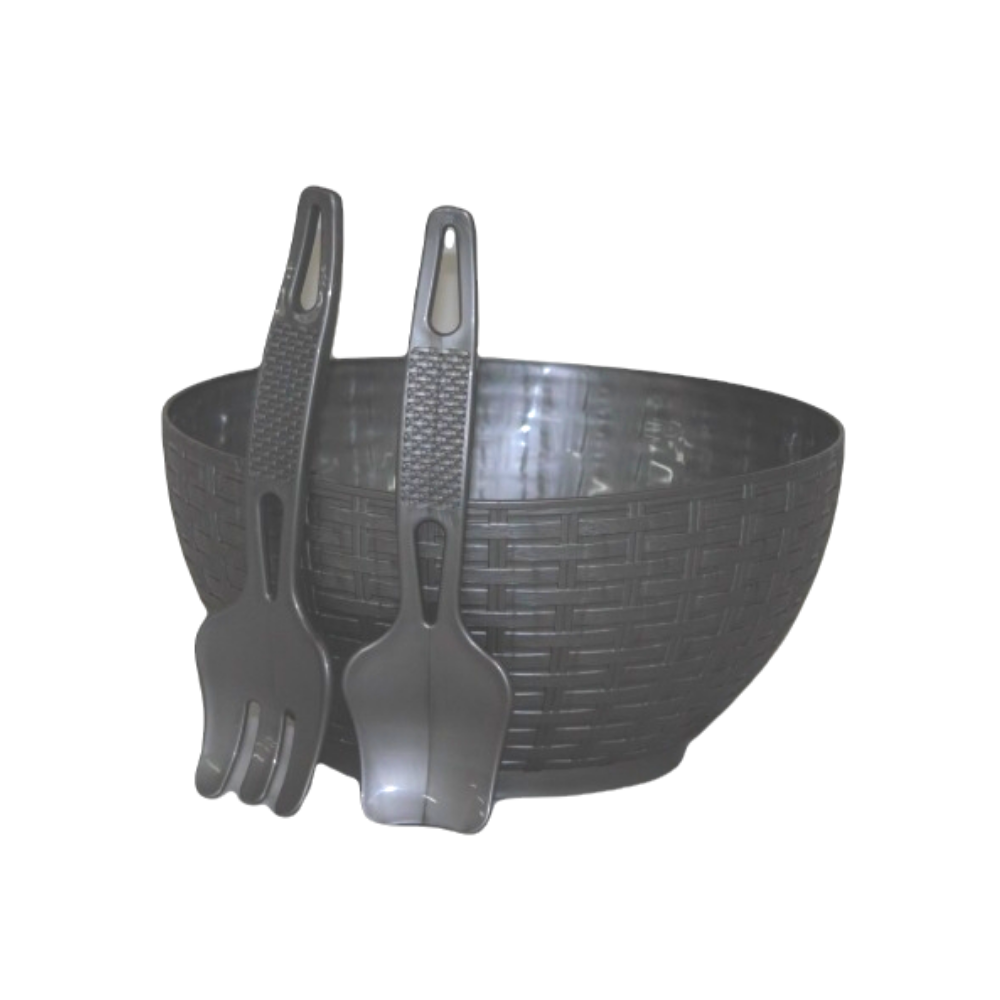 Salad Rattan bowl With Fork & Spoon Silver
