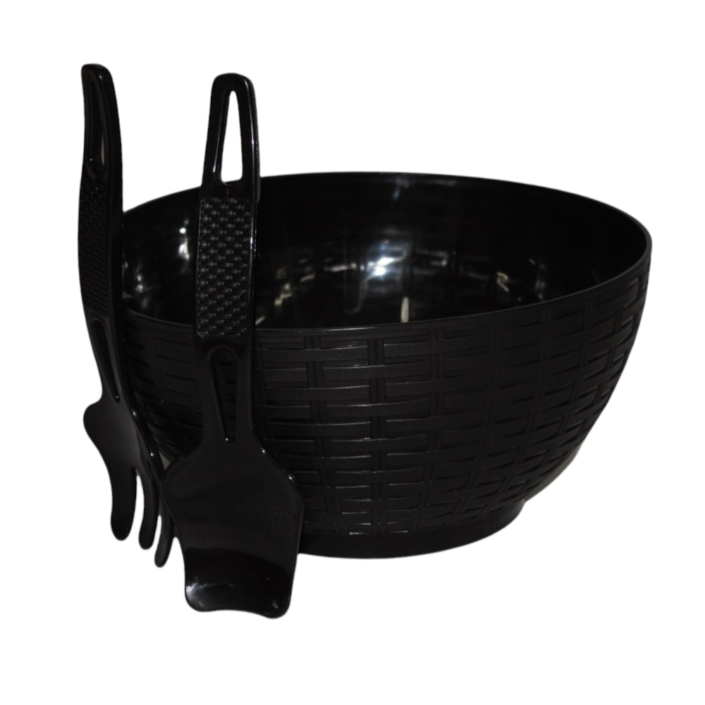 Salad Rattan Bowl With Fork & Spoon Black