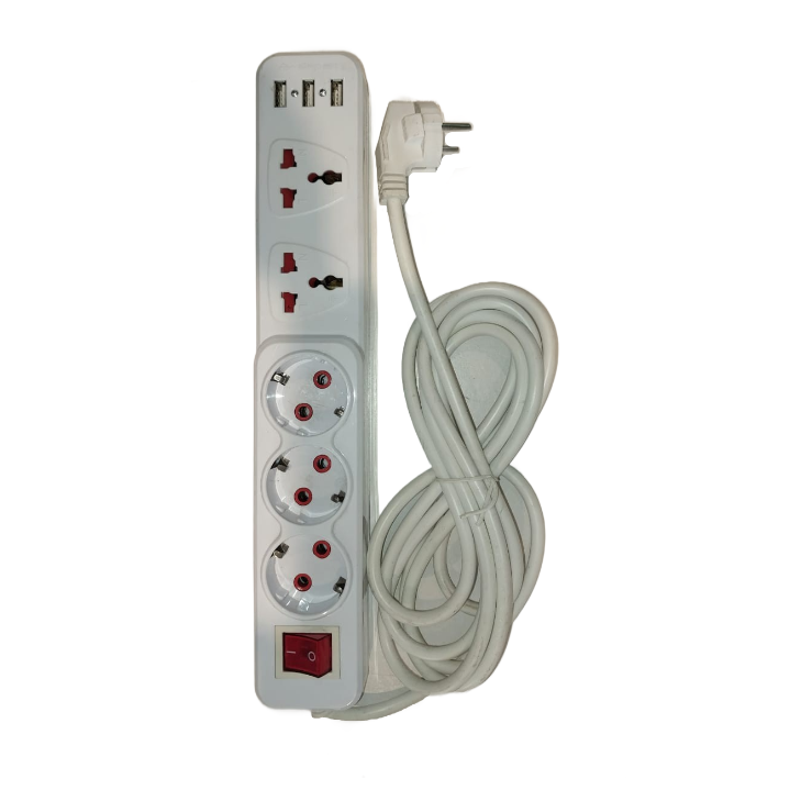Electrical 5 Gang Socket + 3-USB With 3 m cable 10/16A 250 V