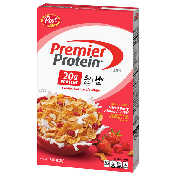 Post Premier Protein Mixed Berry Almond Cereal With Strawberries, Raspberries & Sliced Almonds 255 g