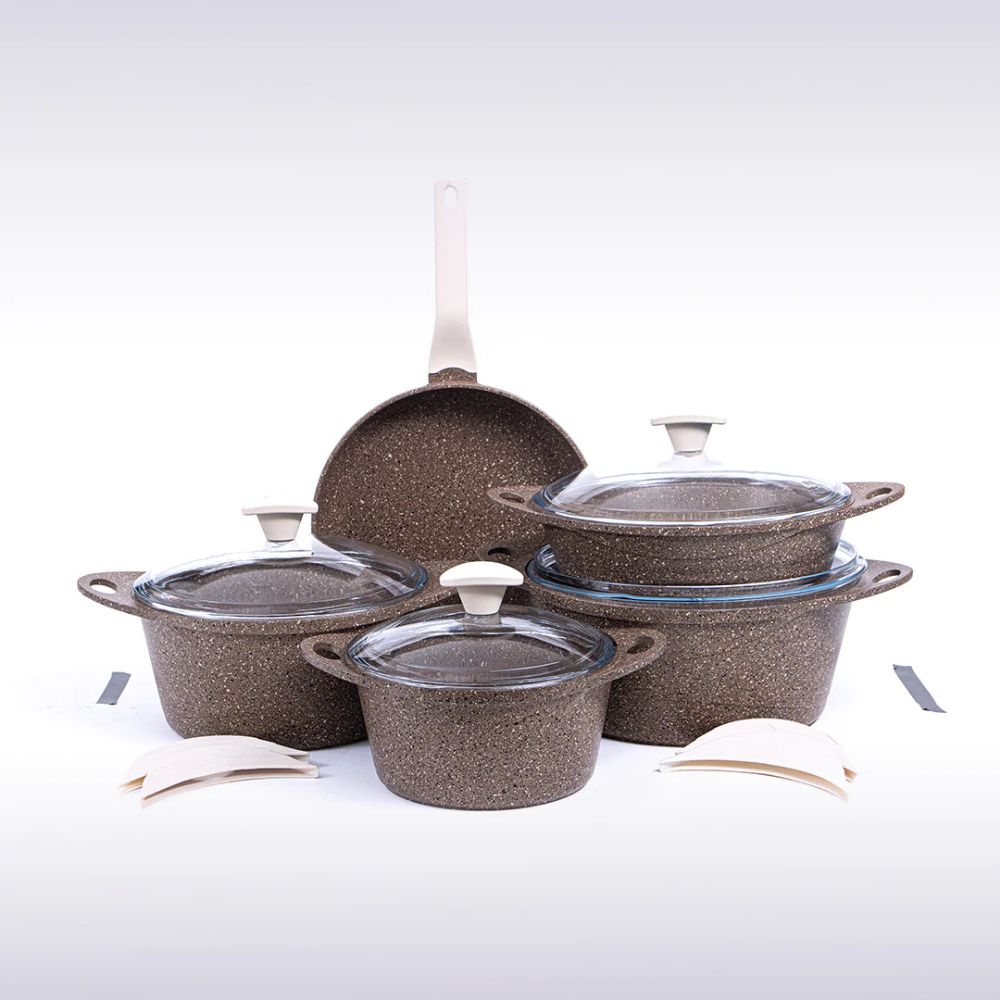 Falez Doa-Cast Premium 9-Piece Cookware Set (Brown)